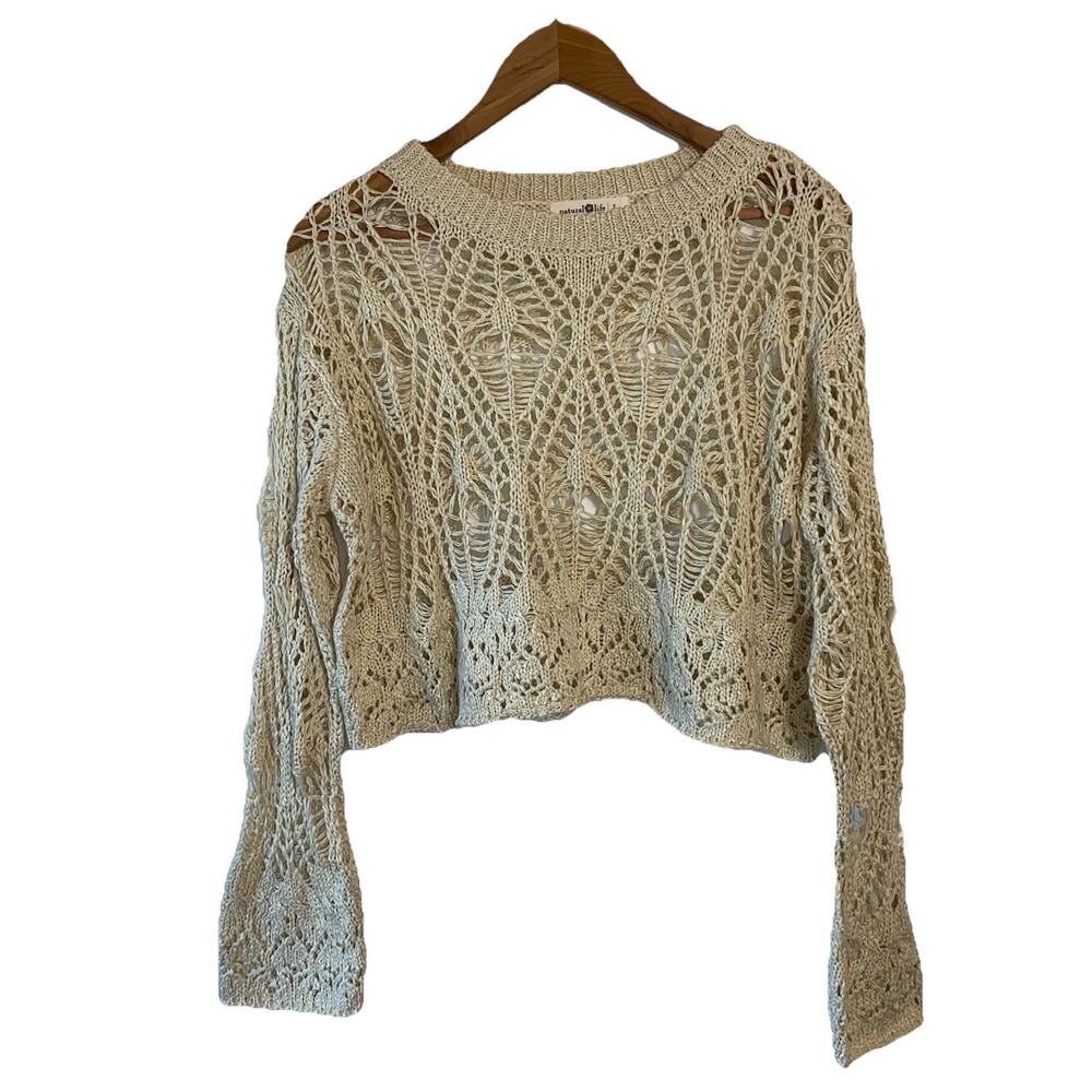 Chunky Crochet Open-Knit Long Sleeve Sweater - Cream